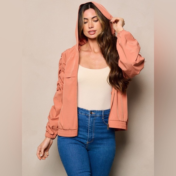 SALE! 024. WOMEN'S LONG RUCHED SLEEVES ZIP UP POCKETS HOODED JACKET - Picture 3 of 4